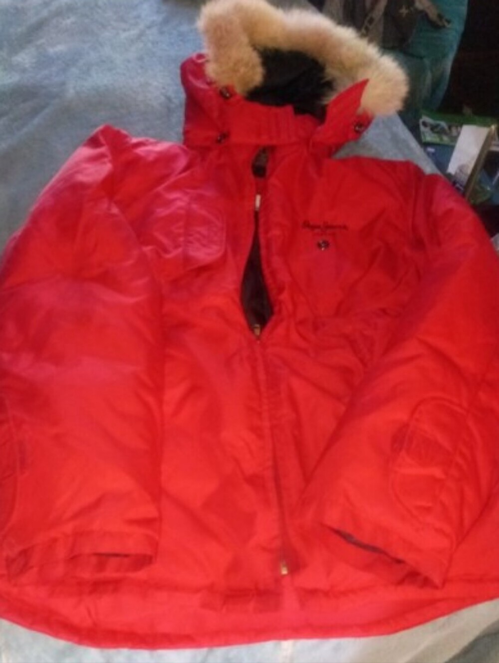 Womens Red Puffer Jacket with Faux Fur Hood Trim